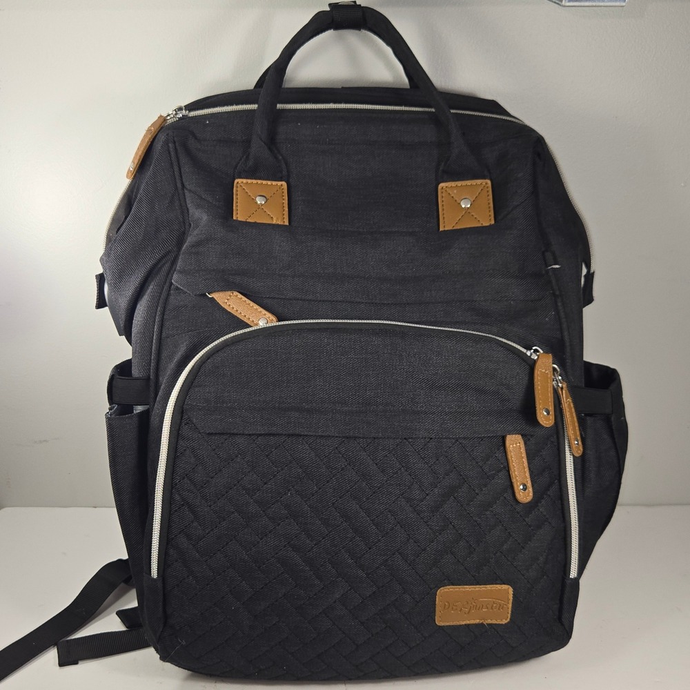 DERjunstar Black Quilted Diaper Bag Backpack Multi-Pocket Travel Baby Bag